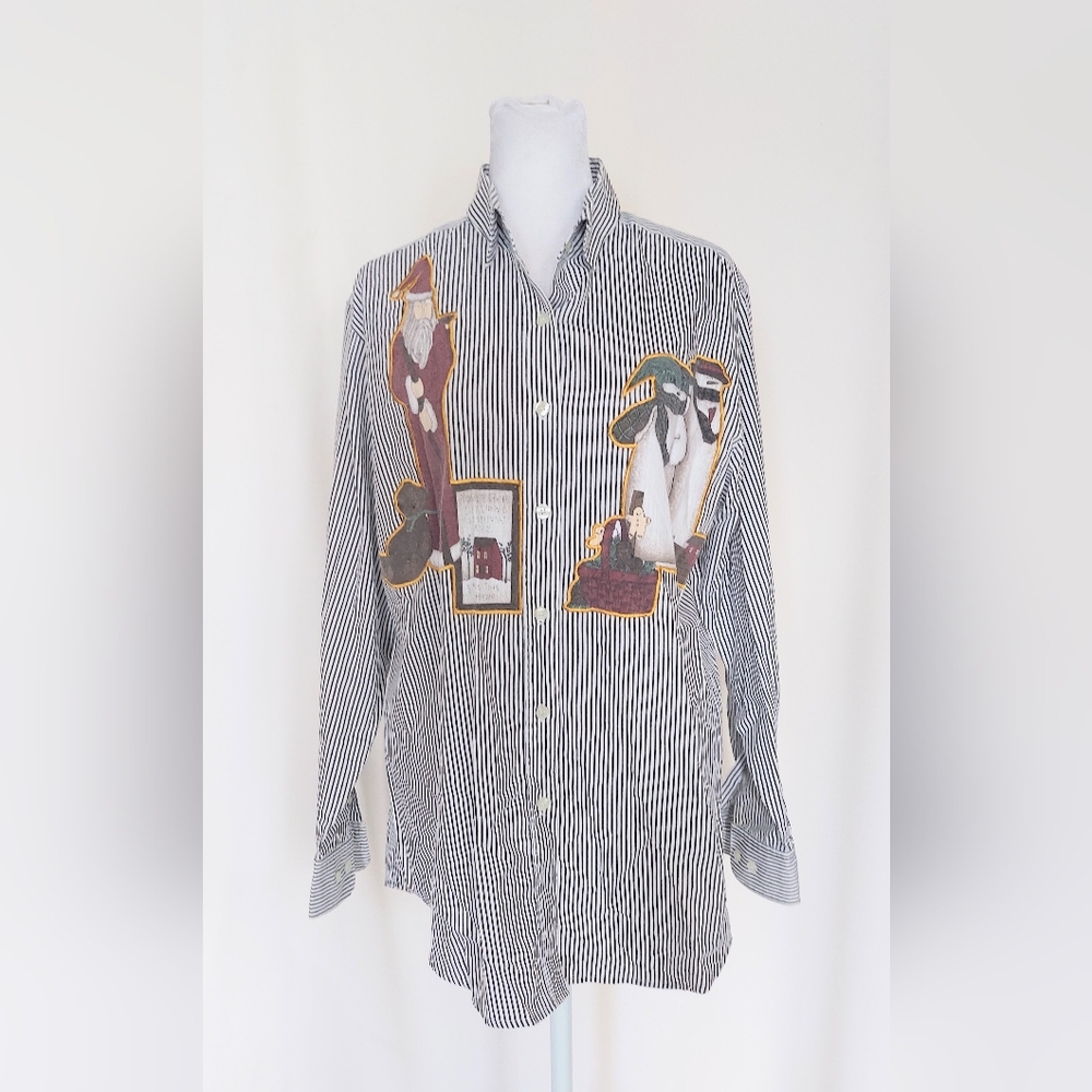 Quacker Factory Holiday Button Down Striped Shirt Santa Womens Small